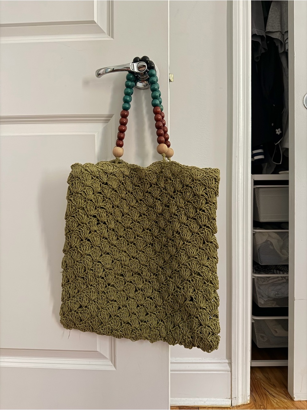 ZARA GREEN WOVEN PAPER TOTE BAG